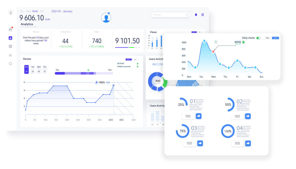 analytic dashboard illustration with graphic and stats