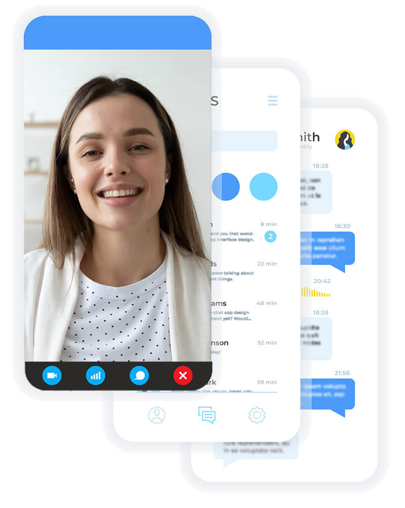 mobile phone graphics of patient with multiple chat functions illustrated underneath