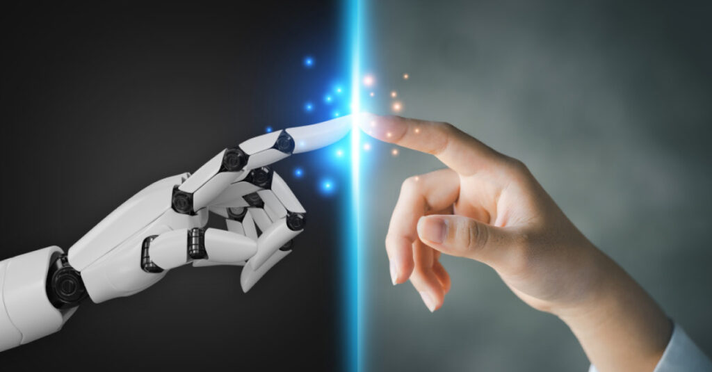 Robot and human hand fingers touching